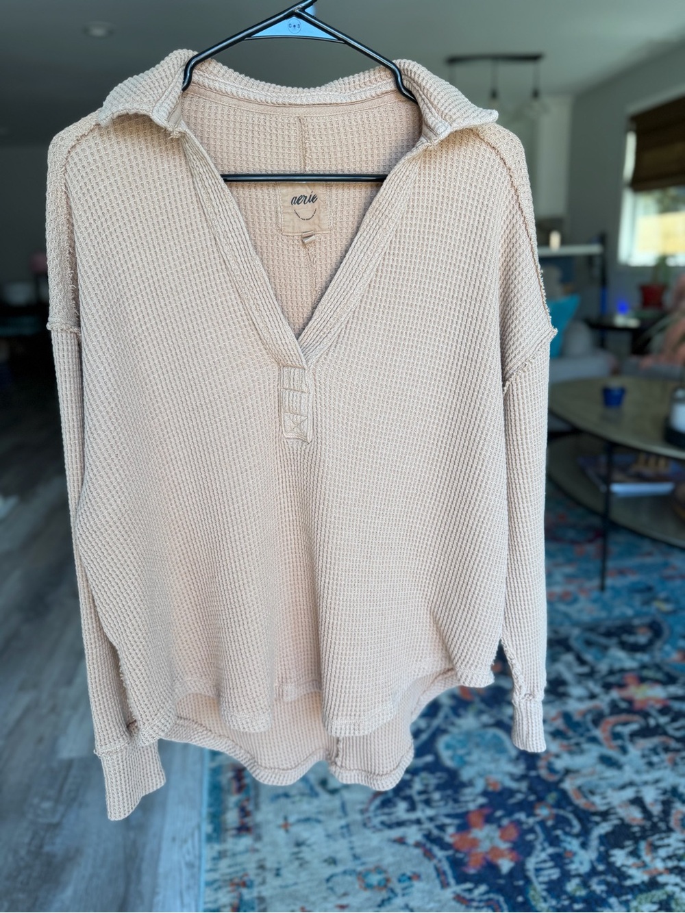 Aerie Beige Waffle Knit Henley Lumber Jane Pullover | XS